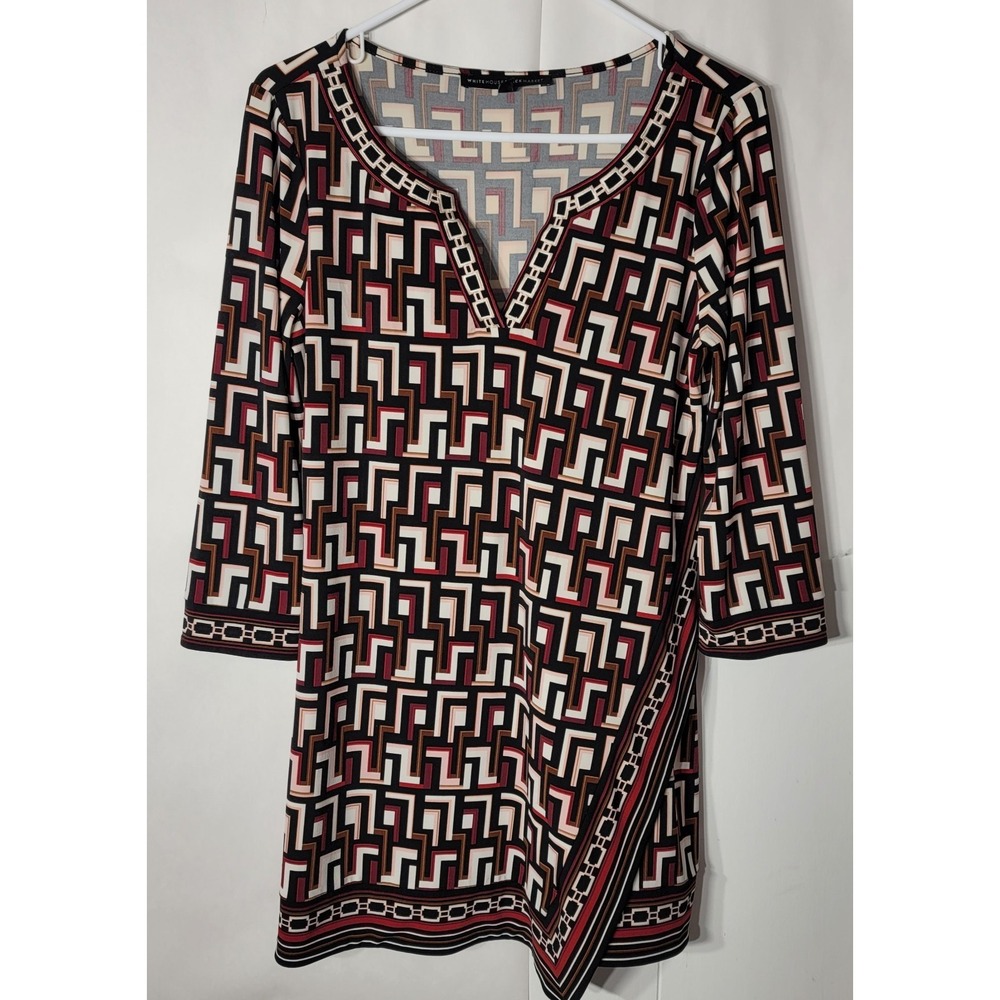 White House Black Market Black Burgundy White Geometric Print Dress Size Small